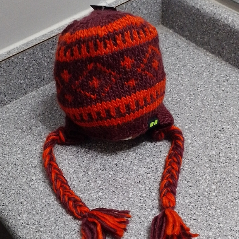 Koppen Red and Purple Knit Hat with Braided Tassels